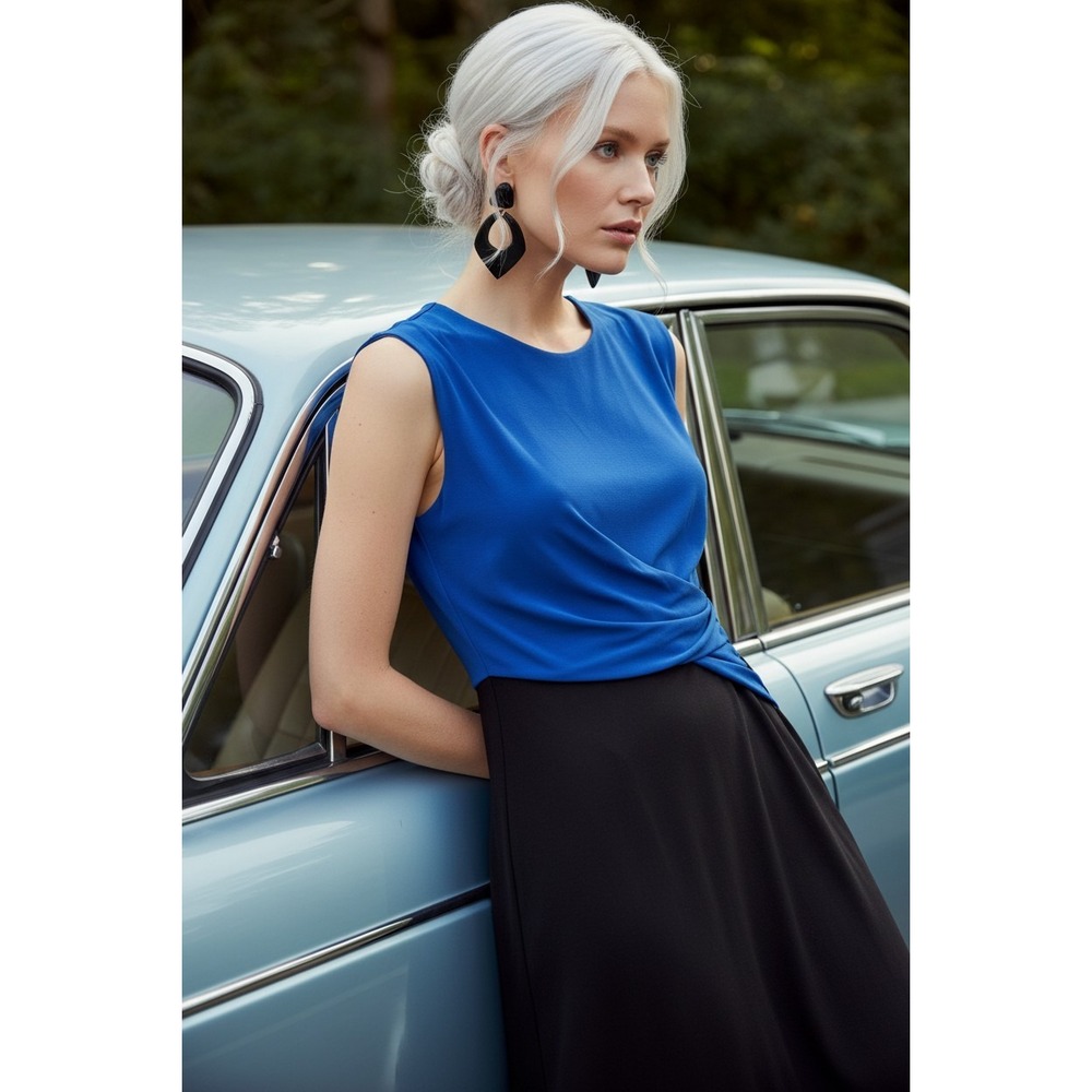 Kenneth Cole NY Blue + Black Colorblock Draped Faux-Wrap Dress Small Office Chic